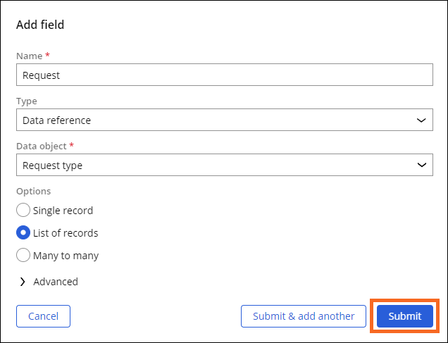 Modal window highlighting the Request data reference field.