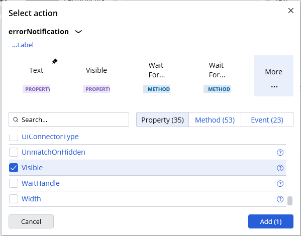 Visible property from Properties, methods and events window