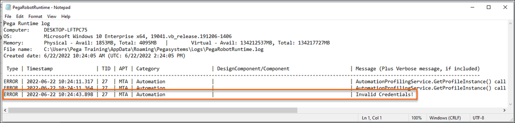 New Error entry displayed in Pega Runtime log