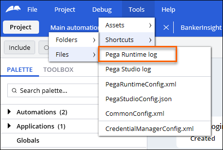 Selected Pega Runtime log from the Tools > Shortcuts > Files menu