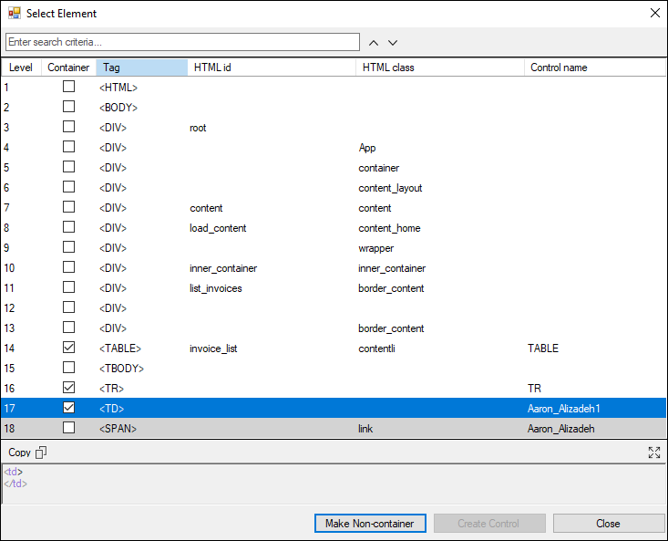 Screenshot showing the Select Element dialog open with the containers and controls created.