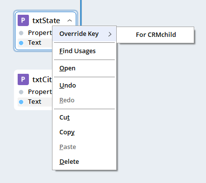 Screenshot showing context menu option to override keys for design block. 