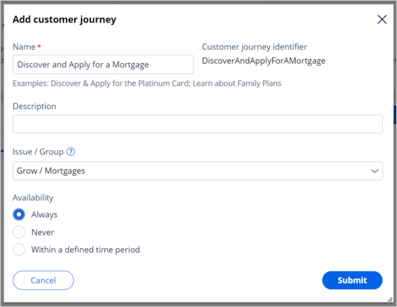 The customer journey setup in the Add customer journey window