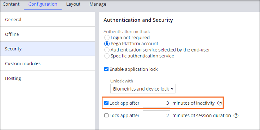 Highlighting the 3 minute lockout timer associated with the Mobile Authentication and Security configuration page.