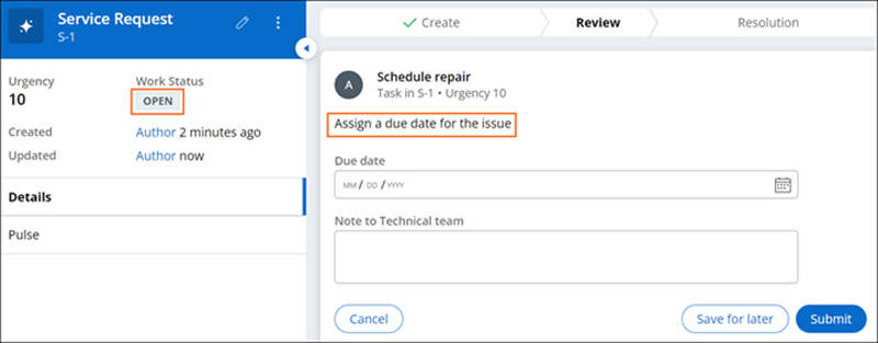 Highlighting the work status and user instructions for the Schedule repair view.