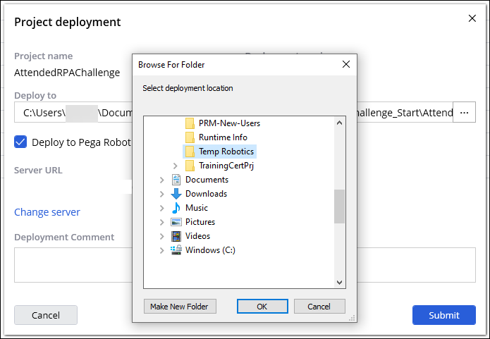 The Browse For Folder dialog box in the Project deployment setup.