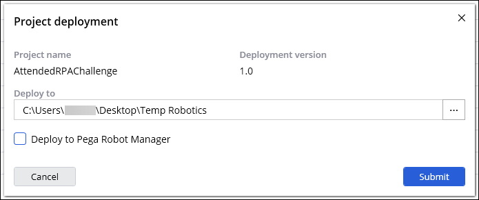 The completed Project deployment dialog box.