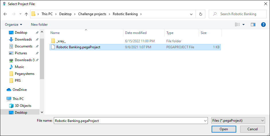 Screenshot showing the Select Project File window with Robotic Banking.pegaProject selected
