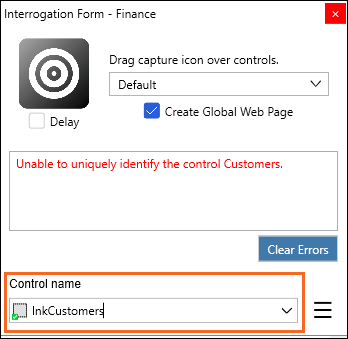 Screenshot showing the Control Name field highlighted on the interrogation form.