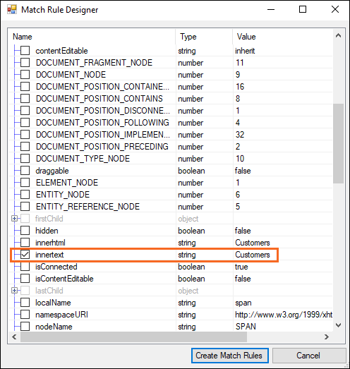 Screenshot showing the innertext property highlighted in the Match Rule Designer.
