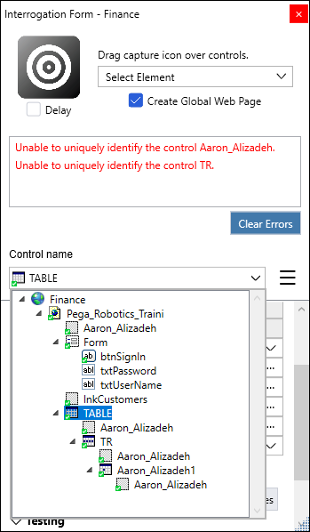 Screenshot showing the TABLE control selected in the object hierarchy on the Interrogation Form.