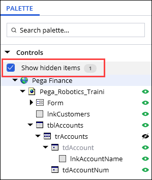 Screenshot showing the Show hidden items option highlighted in the Palette.