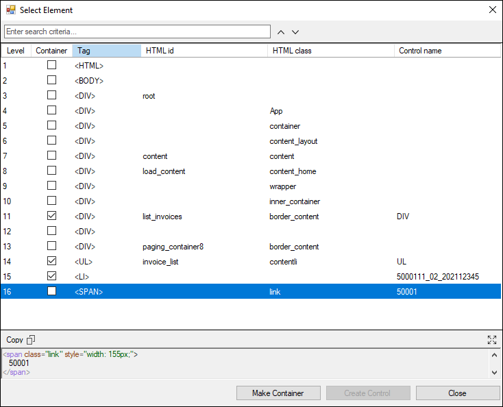 Screenshot showing the Select Element dialog window with the containers created.