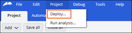 Screenshot showing the Deploy option in the Project menu of Pega Robot Studio.