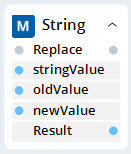 Screenshot showing the replace string design block with its parameters.