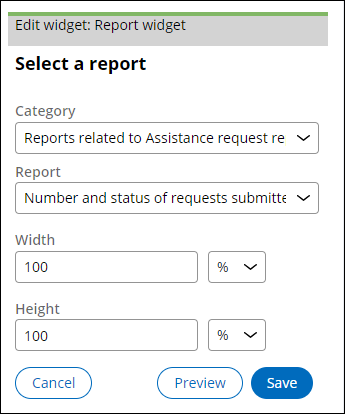 Set up for an Assistance request report in the Report widget editor.