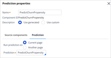 The properties window for the PredictChurnPropensity prediction