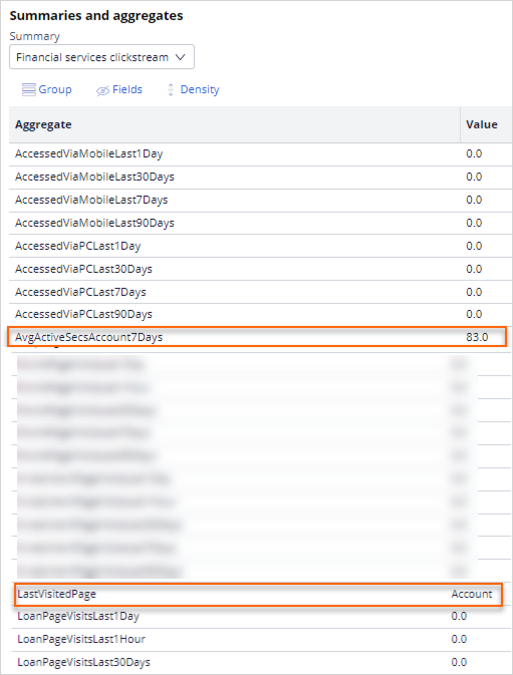 AvgActiveSecs and LastVisitPage aggregates with values