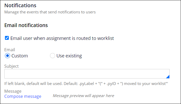 Email user when assignment is routed to worklist option in the Case type settings tab