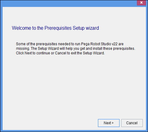 Pega Robot Studio prerequisites setup wizard dialog box.