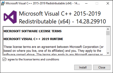 Microsot Visual C++ redstributable installer dialog box.