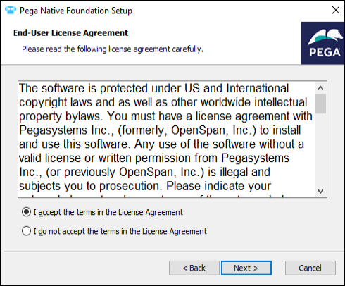 Pega Native Foundation license with the radio button selected to accept the terms.