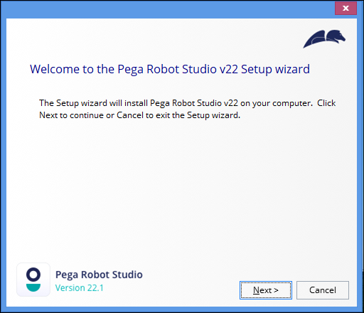 Pega Robot Studio setup wizard welcome dialog box.