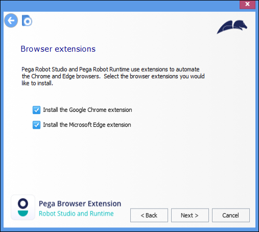 Pega Browser Extension setup Browser extensions dialog box with the default values unchanged.