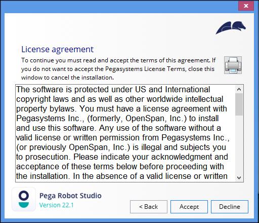 Pega Robot Studio license agreement dialog box.