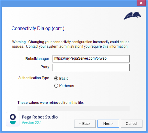 Pega Robot Studio setup Robot Manager connectivity dialog box with the default values unchanged.