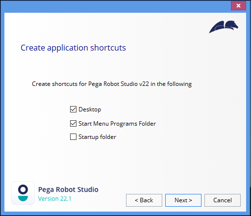 Pega Robot Studio setup Create Application Shortcuts dialog box.