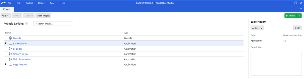 Pega Robot Studio project explorer with BankerInsight application selected.