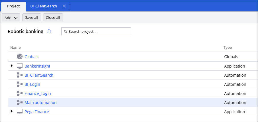 Screenshot showing opening automation in the Project Explorer.