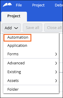 Screenshot showing the location of Automation within the Add menu in Pega Robot Studio.