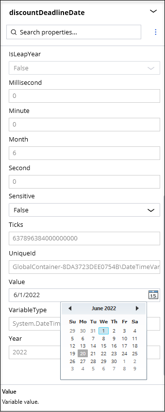 Screenshot showing setting the value of global DateTime variable. 