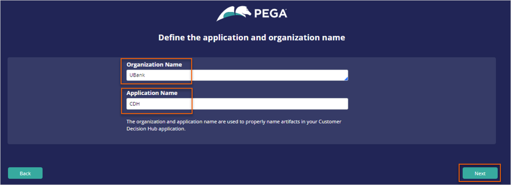 Enter org name and app name