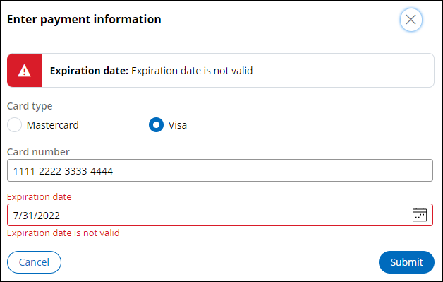 Expiration date validation error on Enter payment information step.