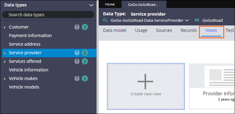 Views tab of Service Provider data type