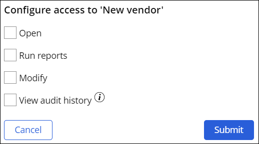 Configure access to 'New Vendor' dialog with all checkboxes cleared