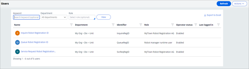Pega Robot Manager Users page with a list of robot users