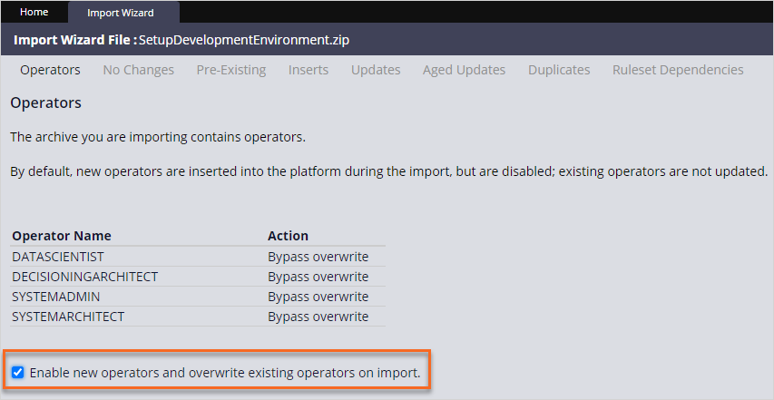 Enable new operators and overwrite existing operators on Import selected