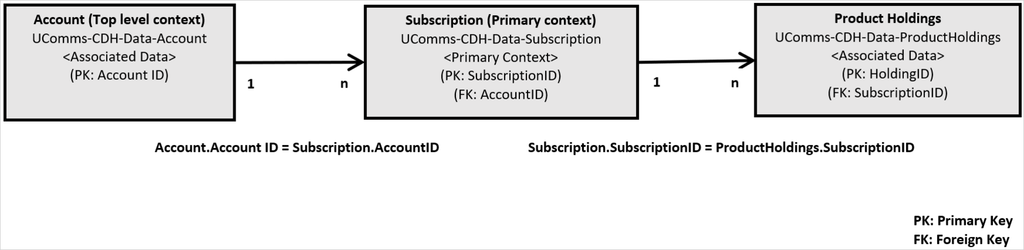 A diagram with relations between Account Subscription and Product Holding entities