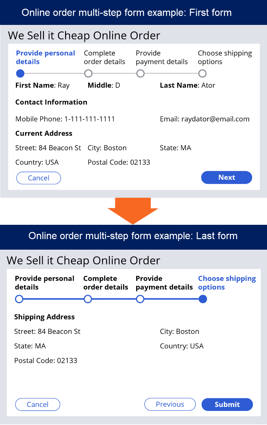 Online order multi-step form example: First form vs Last form