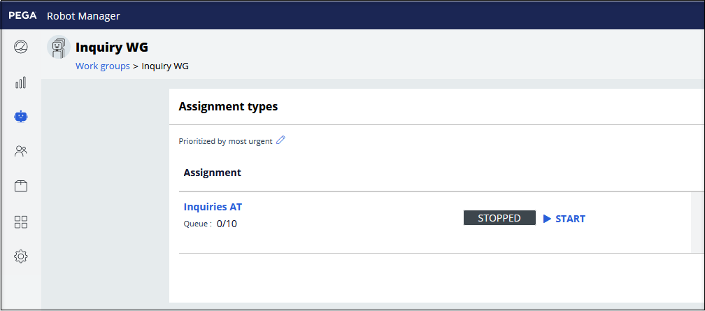 The view of assignment types from Pega Robot Manager dashboard.