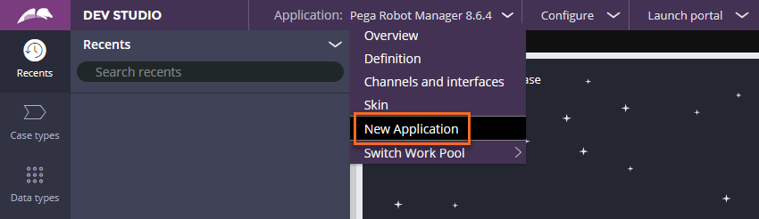 The Application menu of Pega Robot Studio showing the New Application option. 