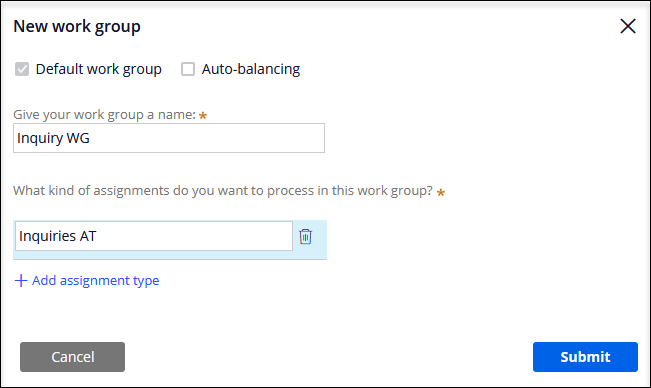 The New work group dialog box that allows adding new work groups and assignment types. 