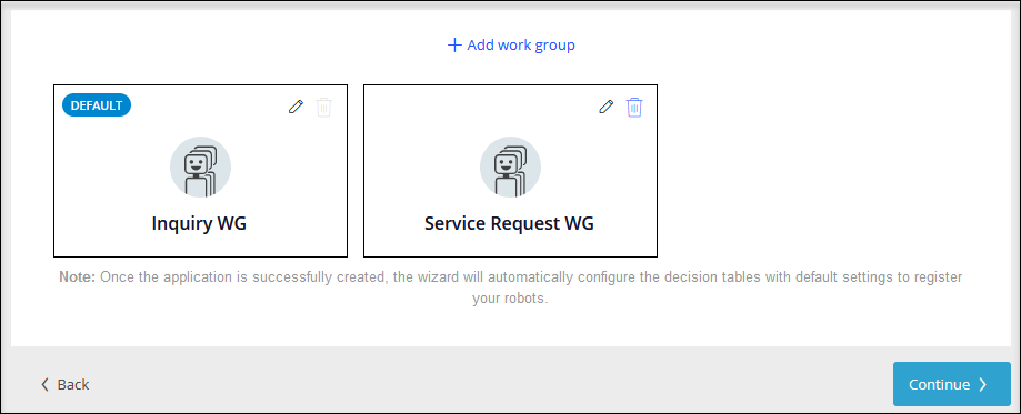 The work groups added in the process of setting up new application on Pega Robot Manager. 