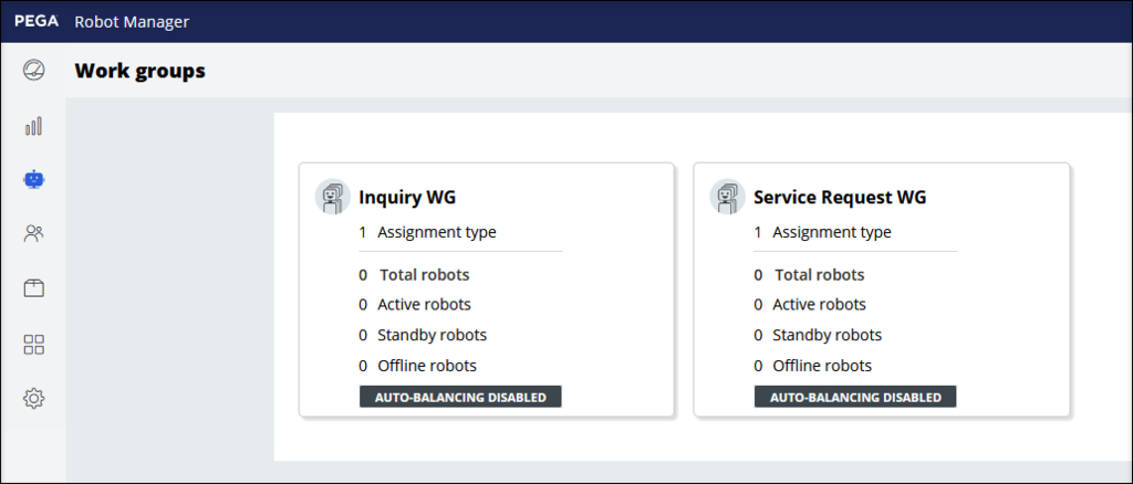 The view of work groups from Pega Robot Manager dashboard.