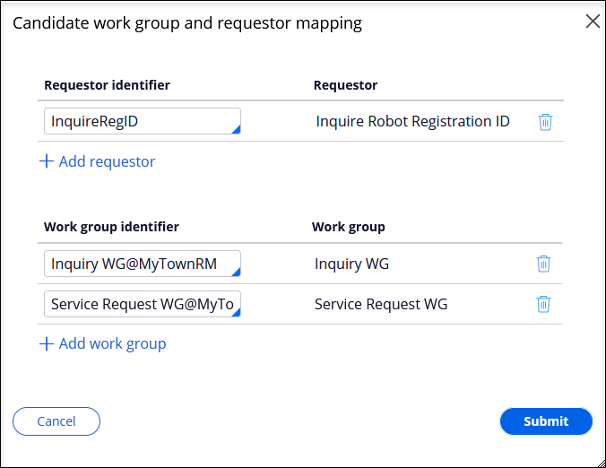 Dialog box to update candidate work group and requestor mapping.