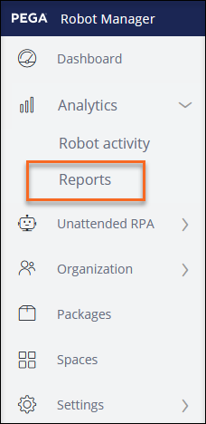 The main menu of Pega Robot Studio with Reports option indicated. 